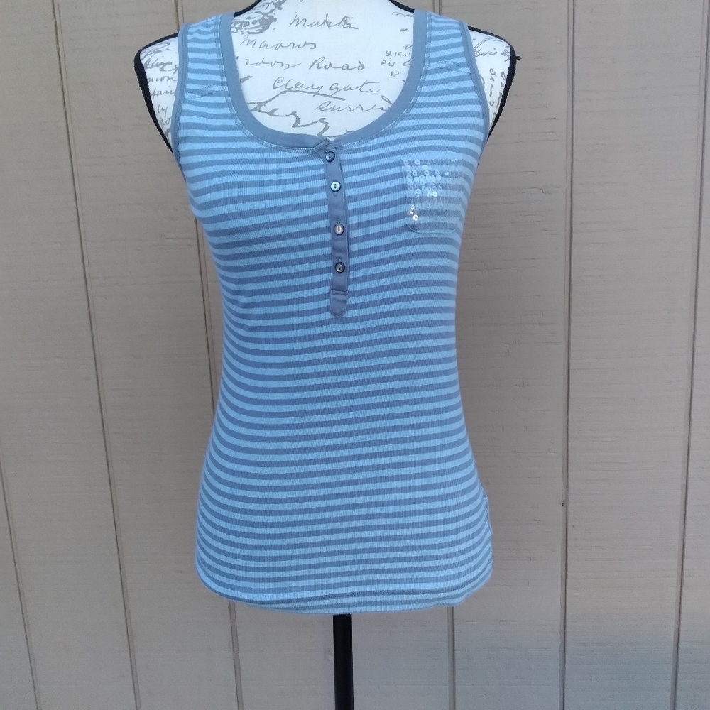 Eddie Bauer Light Blue and Gray Stripe Tank Top With  Pocket Size Small  (A53)
